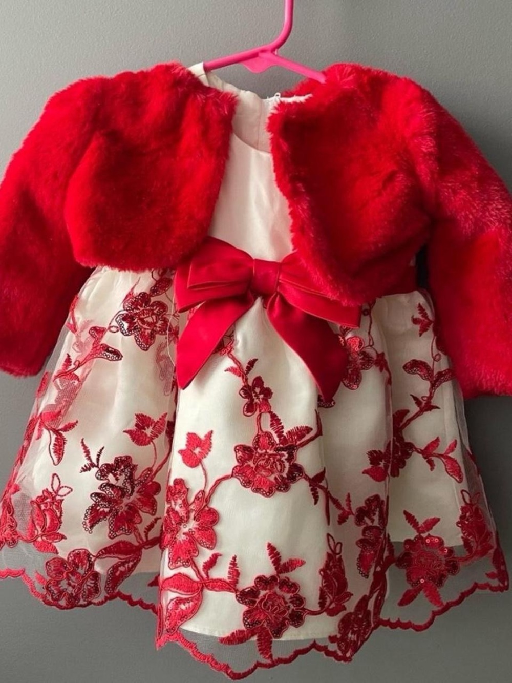 Red Floral Bow Party Dress with Red Faux-Fur Jacket